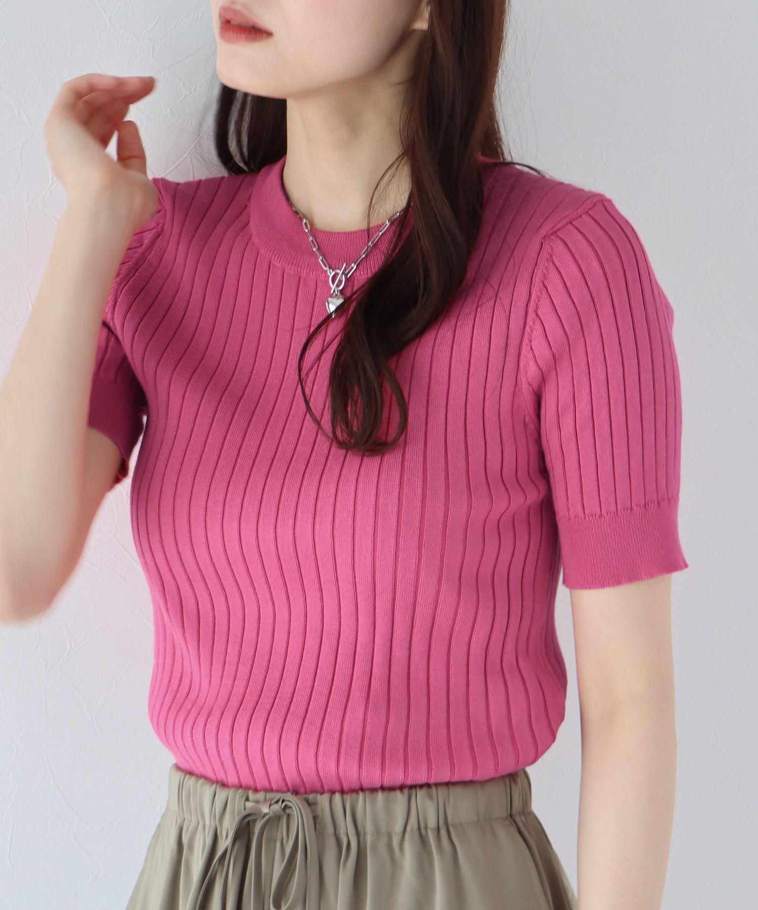 日本 BLUE EAST - 彈性寬羅紋薄針織短袖上衣-淺粉x白