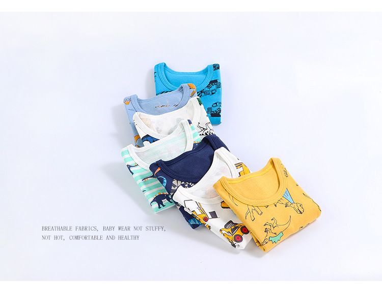 純棉印花無袖背心(3件組)-恐龍+條紋款-灰+白+黃