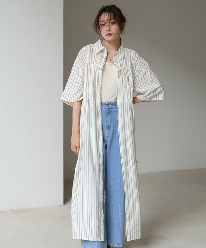 日本 Bab - 時尚抓皺襯衫式五分袖洋裝-條紋-象牙