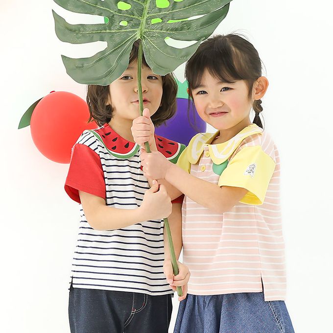 日本 ZOOLAND - 水果造型領天竺棉短袖上衣-檸檬條紋-粉紅x白