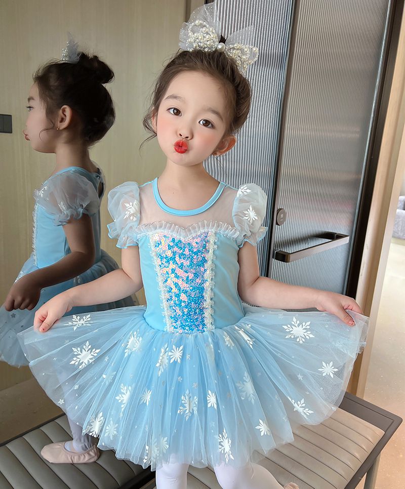 短袖造型公主裙/芭蕾舞裙-冰雪亮片-藍色