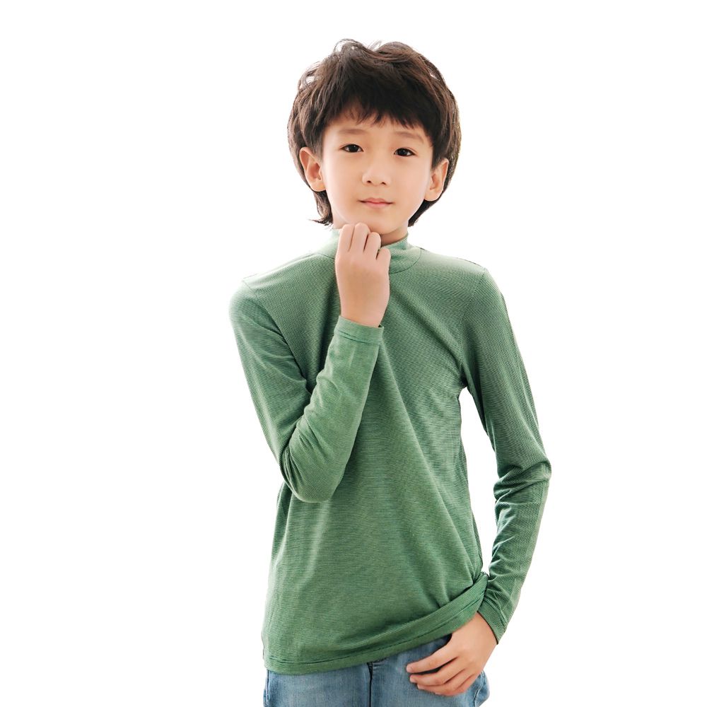 GIAT - 兒童五夠暖吸濕發熱衣-立領-綠條