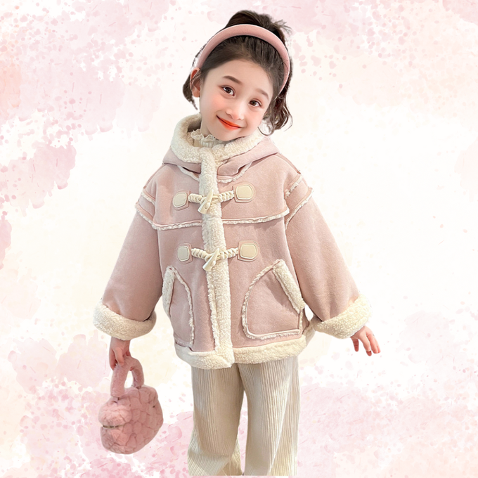 仿麂皮雙面布料拉鍊連帽式外套 毛皮一體外套 粉色