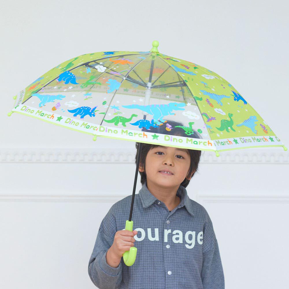 日本中谷 - 透明窗設計兒童雨傘/直傘-恐龍來啦-萊姆綠 (45cm(身高105-115cm))