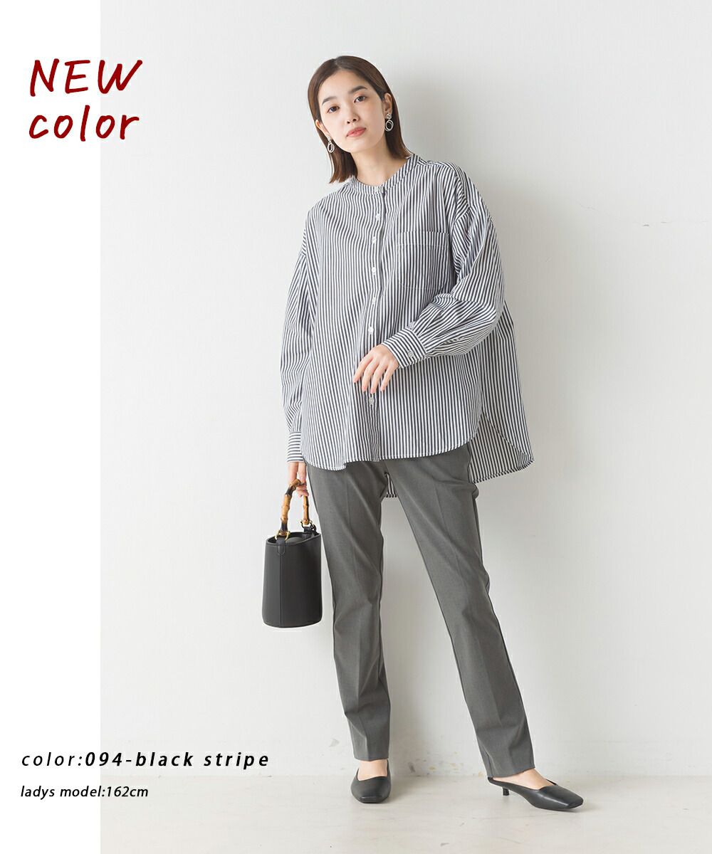 日本 OMNES - 100%棉 厚磅小立領長袖襯衫-條紋-藍白-1435