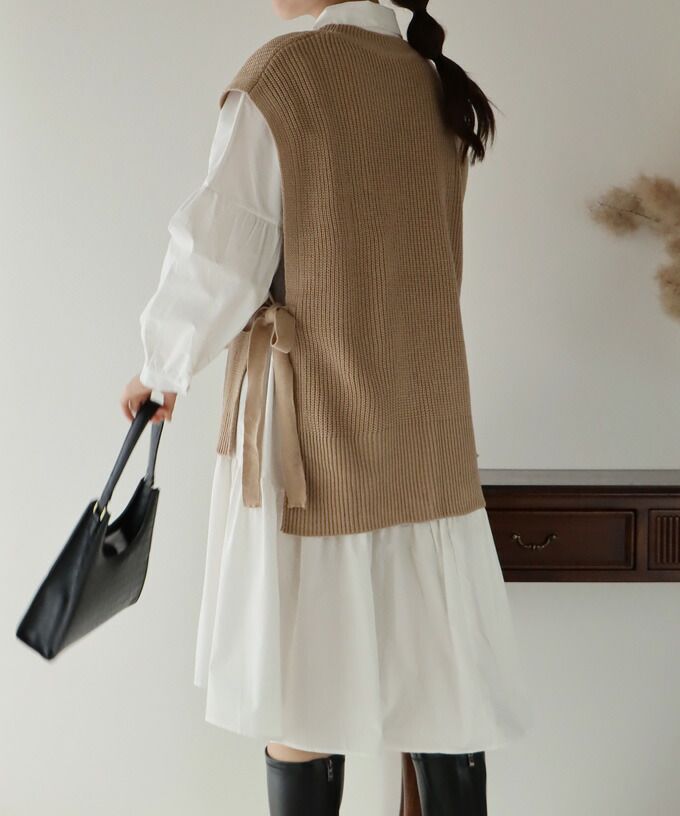 日本 BLUE EAST - 柔軟文藝綁帶針織背心-可可