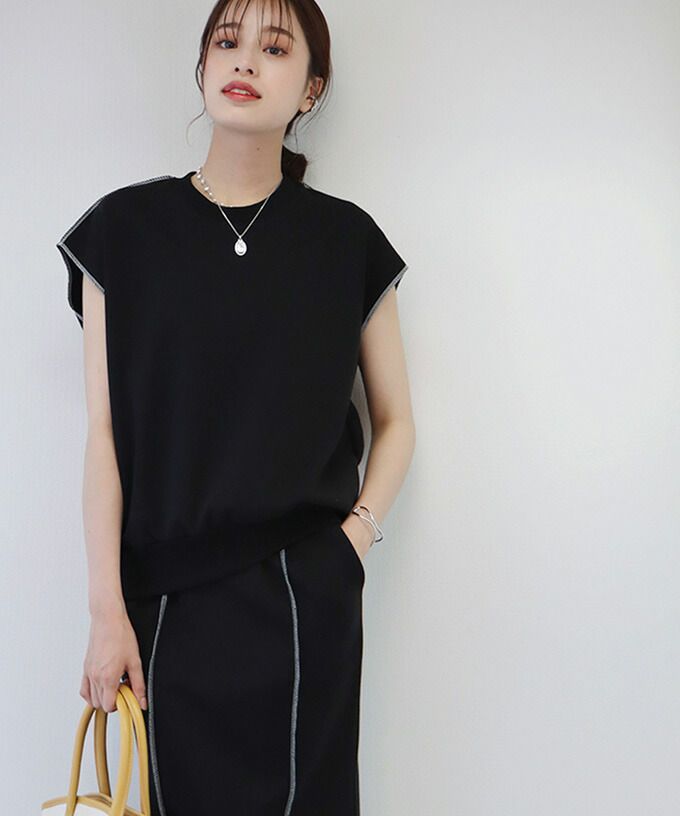 日本 BLUE EAST - 氣質修身法式短袖上衣x滾邊魚尾裙套裝-黑