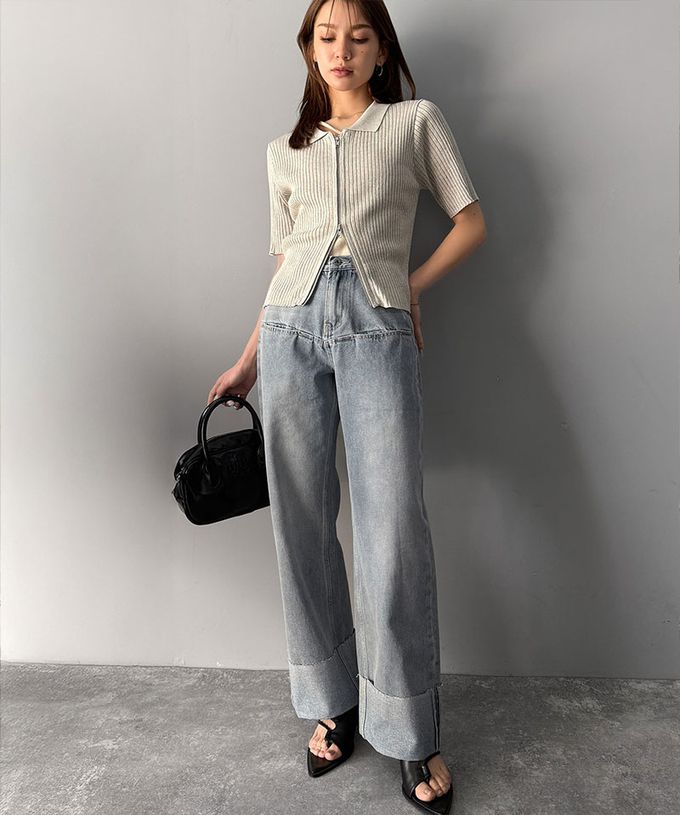 日本 Classical Elf - Java 時尚大反摺修身丹寧寬褲-淺藍