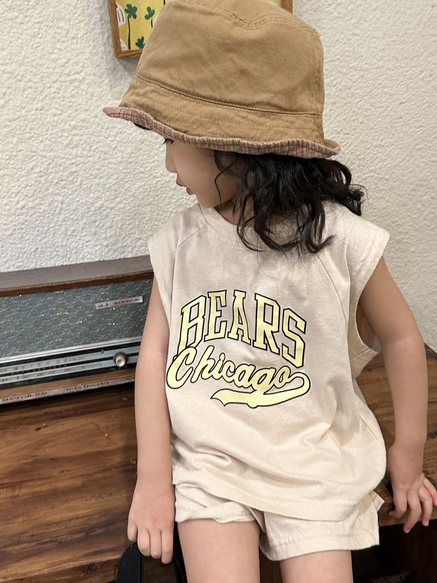 純棉圓領休閒無袖套裝-草寫英文字-灰色