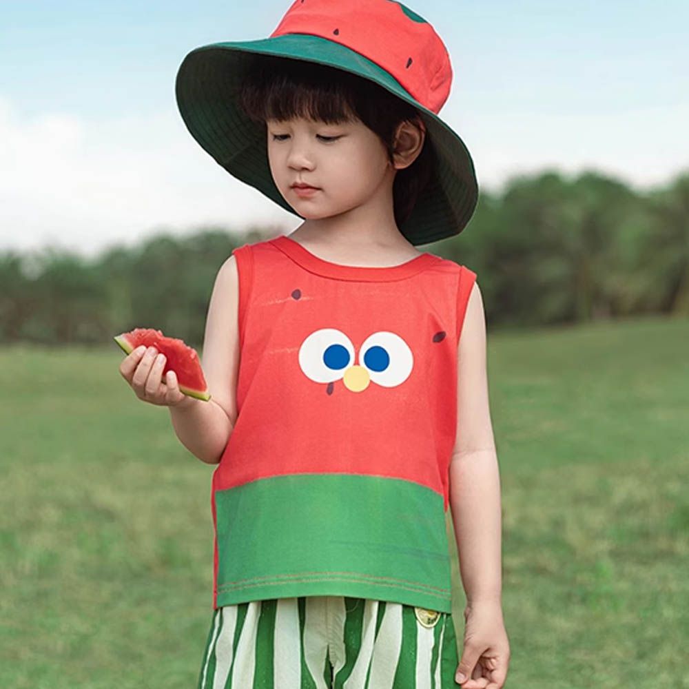 棉質圓領休閒無袖上衣/背心-西瓜-紅x綠