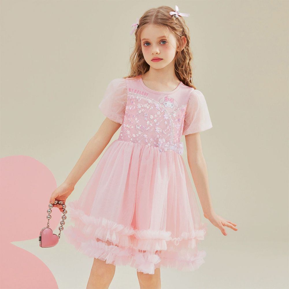 夢幻亮片珍珠滾邊網紗短袖洋裝-卡通人物美樂蒂-粉色