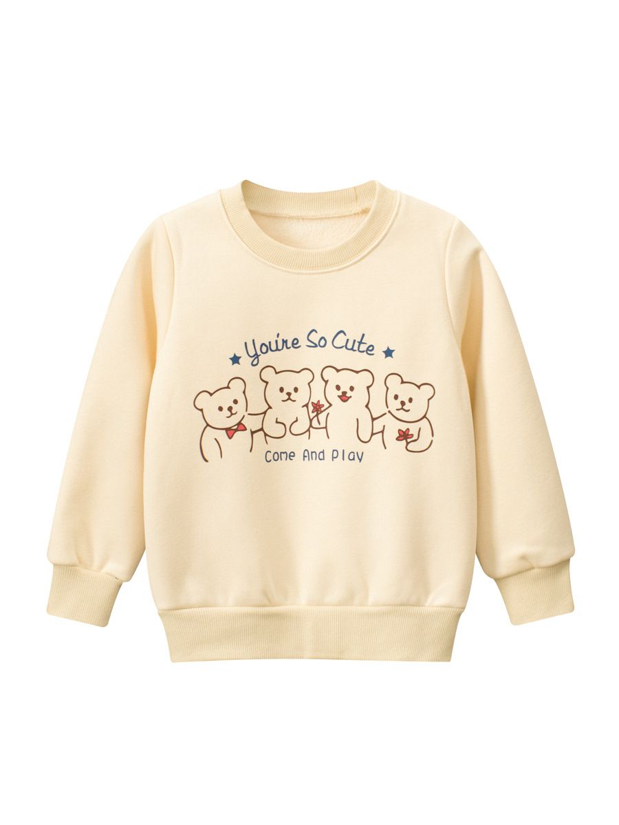 加絨圓領長袖上衣/大學T-熊熊家族-杏色