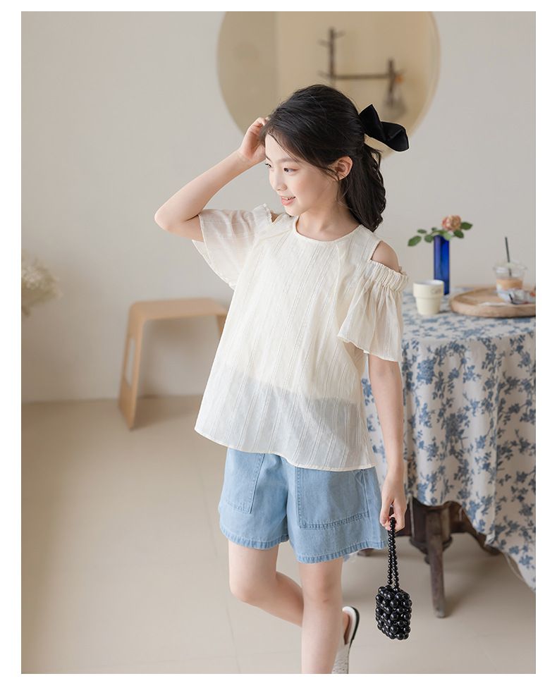 氣質花袖露肩上衣-米色