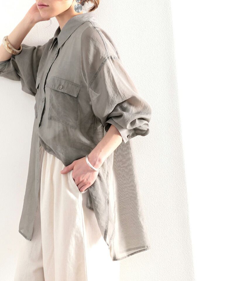 日本 Classical Elf - 空氣感透膚翻領薄襯衫-灰棕