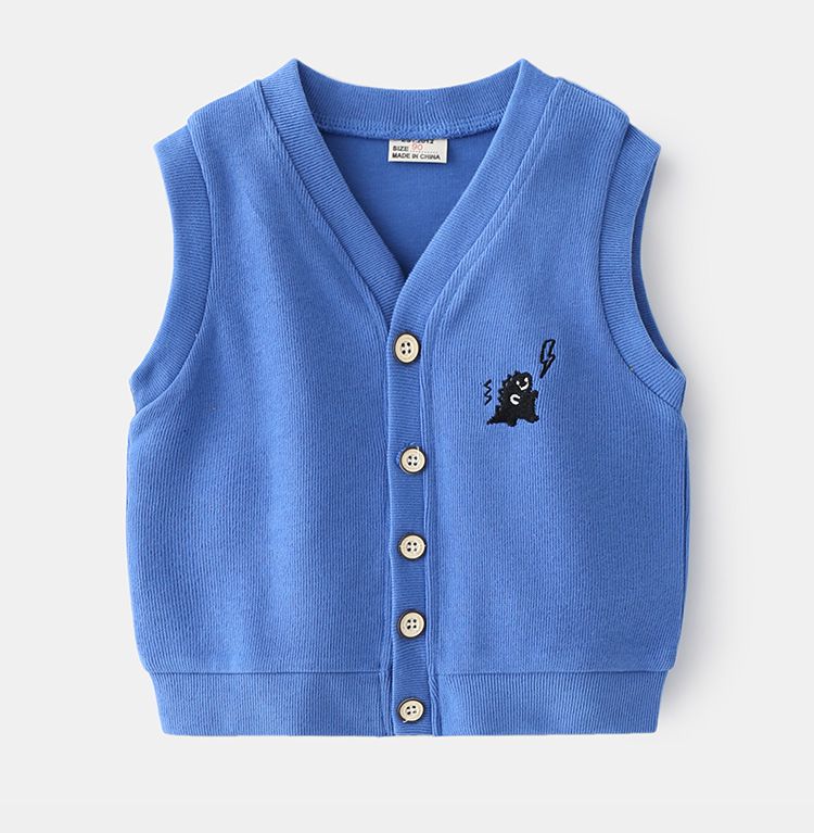 WELLKIDS - V領針織開衫背心-恐龍刺繡-藍色