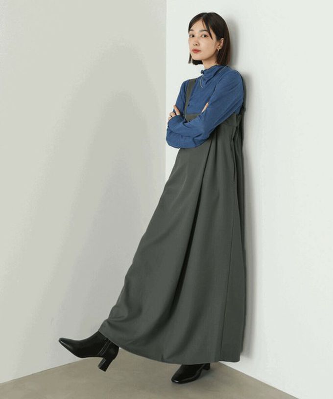 日本 Bab - 斜紋布優雅摺線工裝風吊帶裙-棕咖