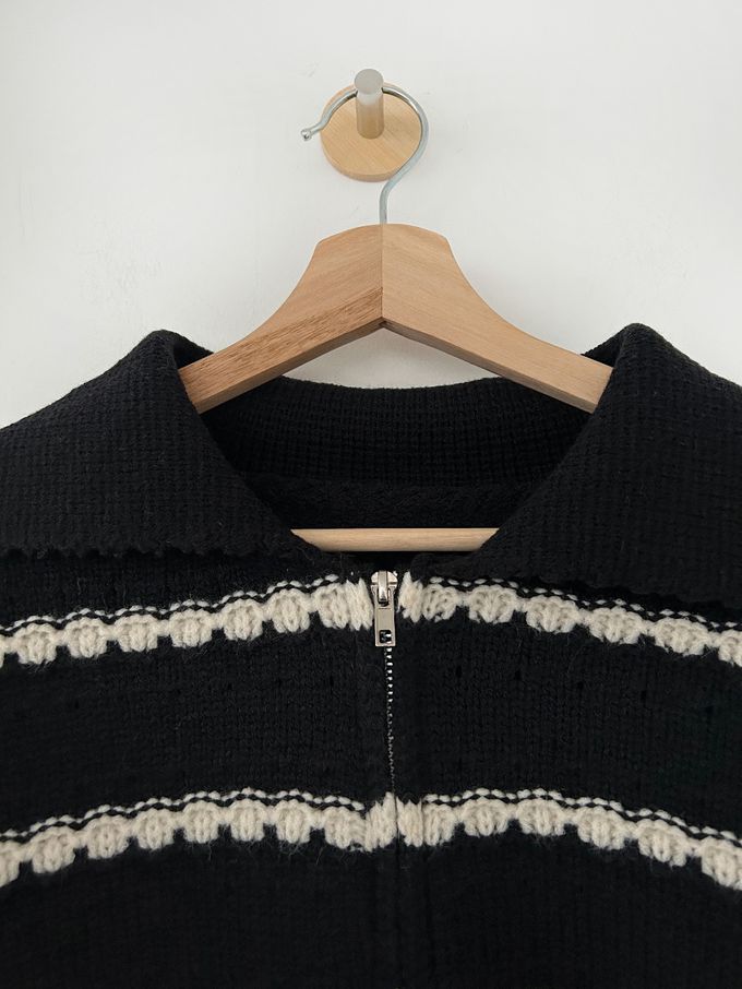 韓國女裝連線 - 勾線條紋針織翻領外套-黑底X米白 (FREE)