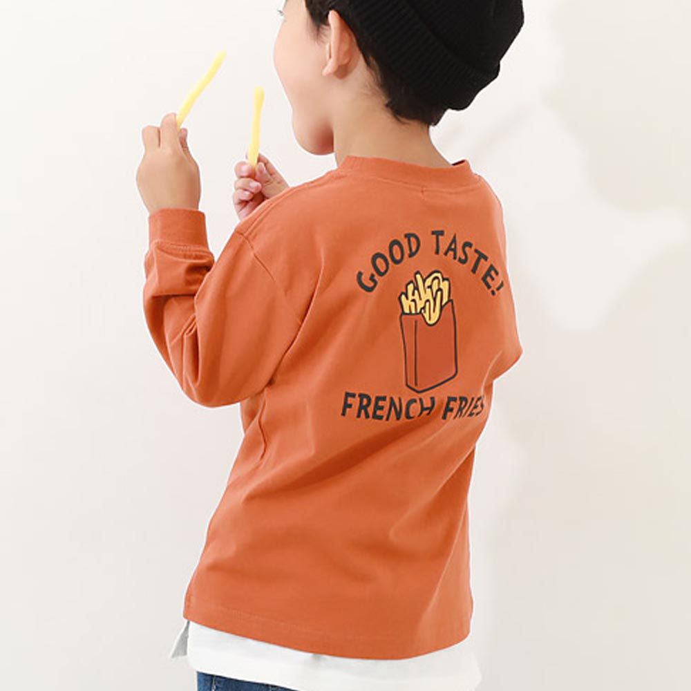 日本 devirock - 定番百搭印花長袖上衣-好吃薯條-磚橘