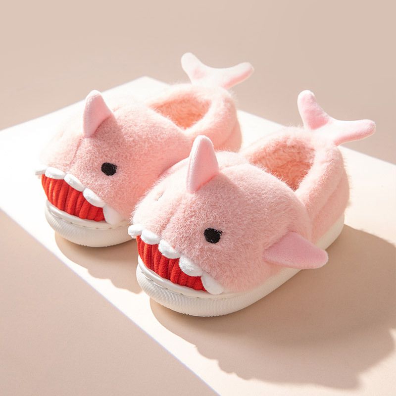 (兒童)立體造型毛絨暖暖室內拖鞋-鯊魚-藍色