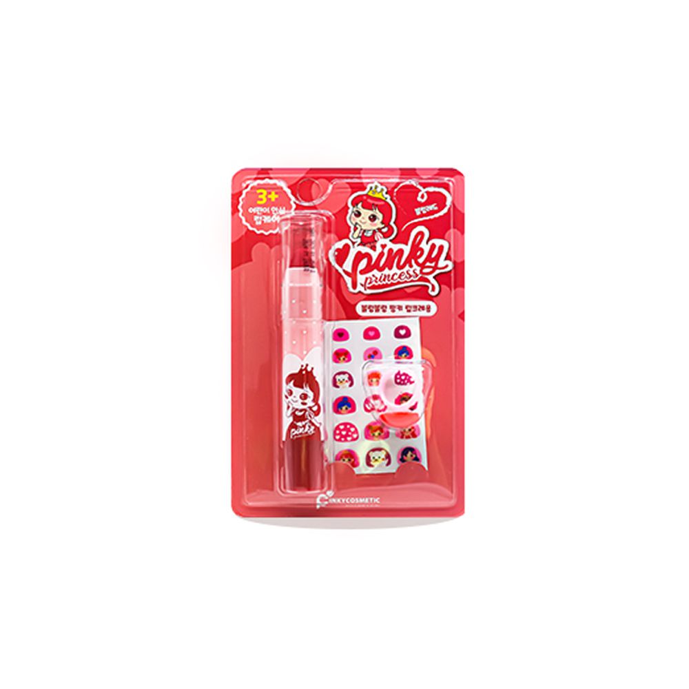 韓國PINKY - bling bling潤唇指甲貼套組-01.莓果紅-潤唇膏+1支 可愛戒指+1個 指甲貼+一份