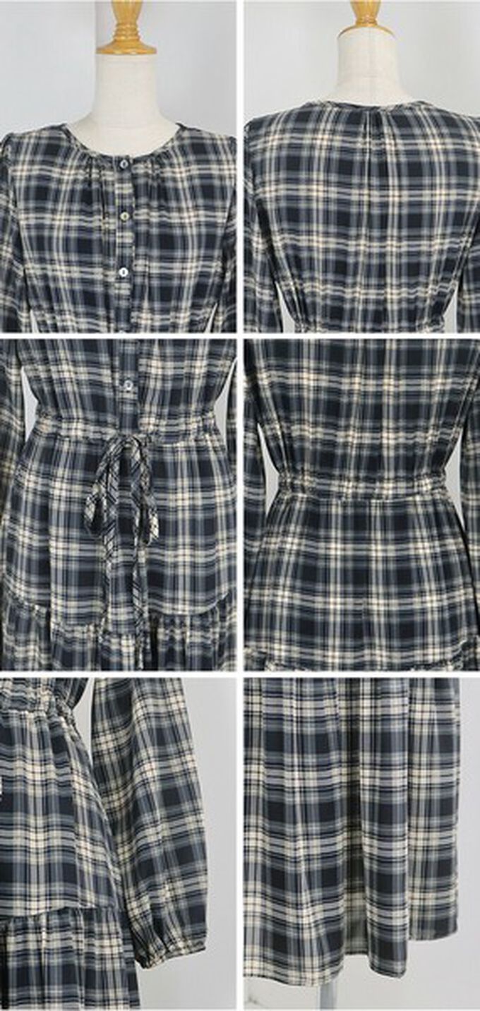 日本 BLUE EAST - 經典低調格紋分層束腰長袖洋裝-海軍藍