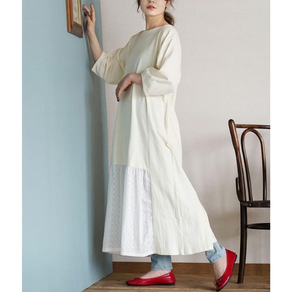 日本 zootie - 純棉蕾絲撞色拼接七分袖長版洋裝-米