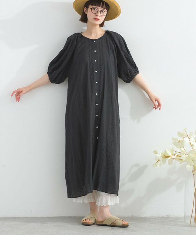 日本 Lupilien - 前後2way 印度棉泡泡袖輕盈洋裝-墨灰條紋