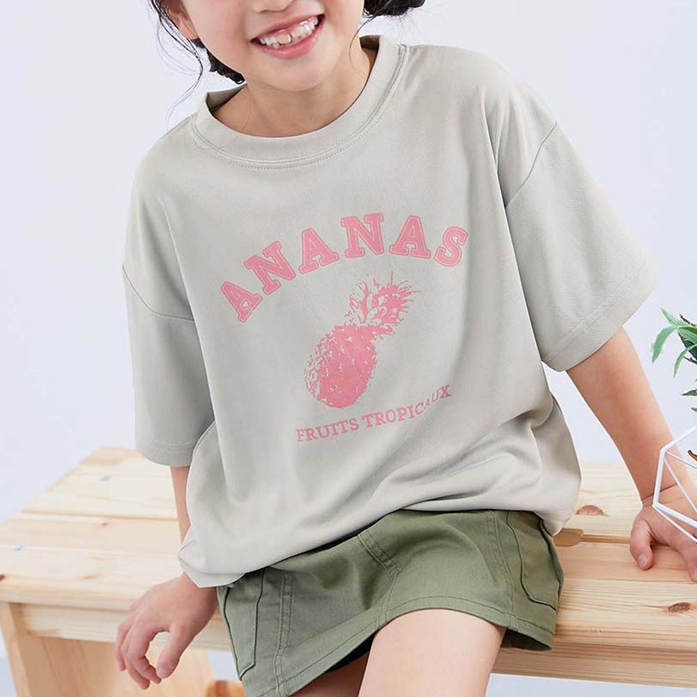 速乾網眼 女孩印花短袖上衣-鳳梨logo-灰杏