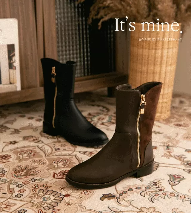 韓國 PINKELEPHANT - 外側拉鍊異材質拼接感半筒皮靴(3.5cm)-裏毛-黑