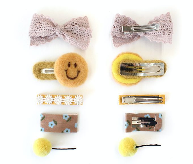 韓國 Chenny Bong Bong - 微笑臉蝴蝶結髮夾組合-黃-五入組