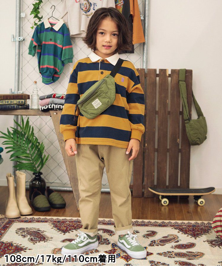 日本 BREEZE - 橄欖球風橫條長袖polo衫-紅卡其