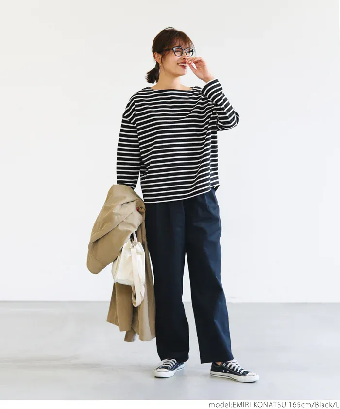 日本 COCA - [熱銷推薦] 百搭船領薄長袖上衣-條紋-灰x白