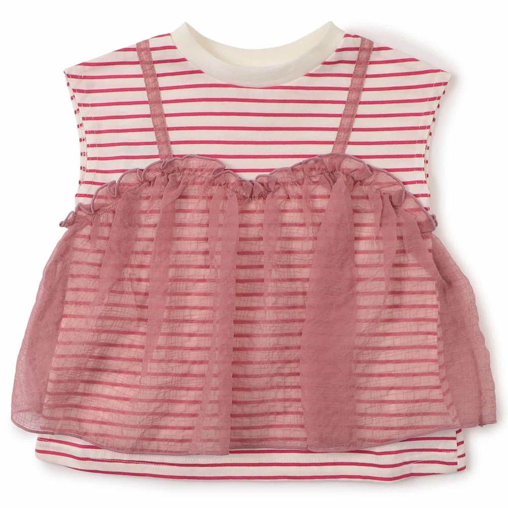 俏麗薄紗拼接法式袖上衣-條紋-粉紅x白