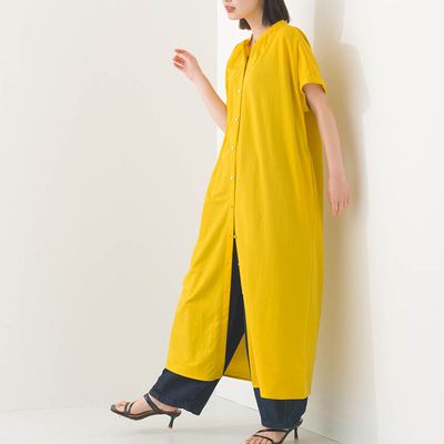 日本 OMNES - 接觸涼感 氣質金釦襯衫式短袖洋裝-明亮黃