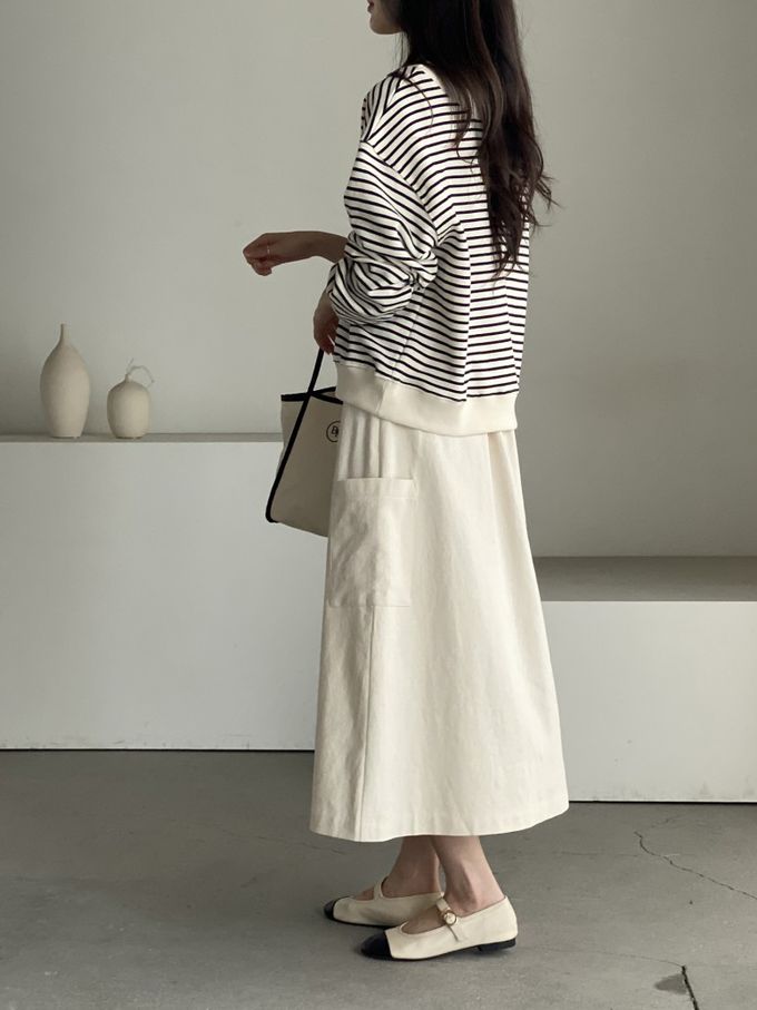 韓國女裝連線 - 假兩件細條紋長袖大學T-米X黑 (FREE)