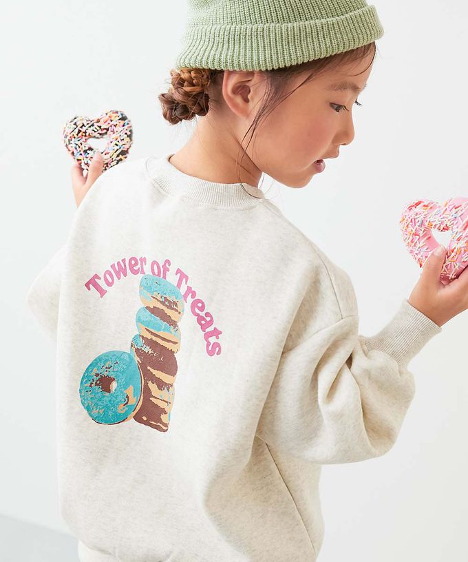 日本 devirock - 裏起毛女孩印花大學T-甜甜圈-燕麥白