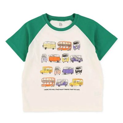 日本西松屋 - 童趣插畫車車短袖上衣-綠x白
