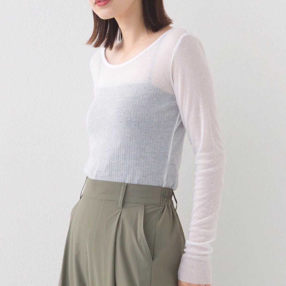大圓領優美透膚合身薄上衣-白
