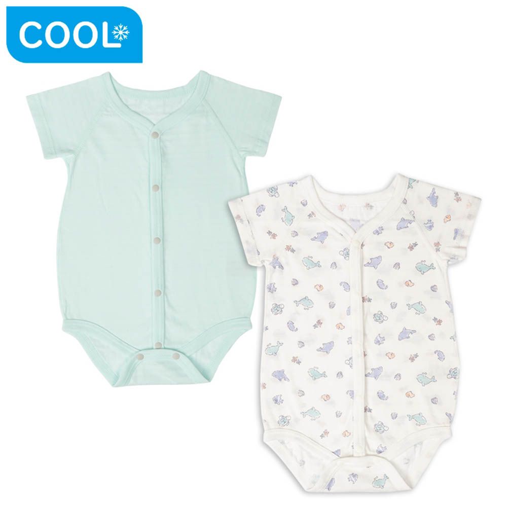 短袖包屁衣2件組涼爽純棉-前開式-綠色