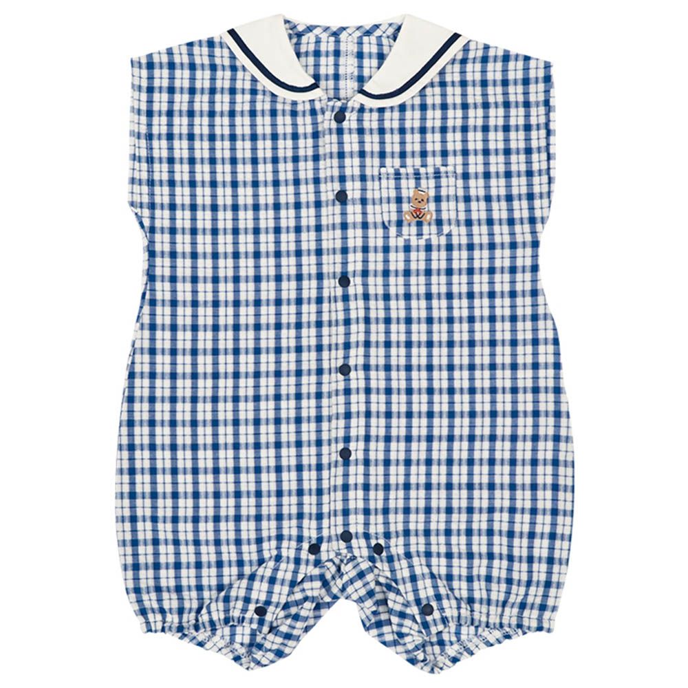 短袖兔裝-平織 格紋-藍色