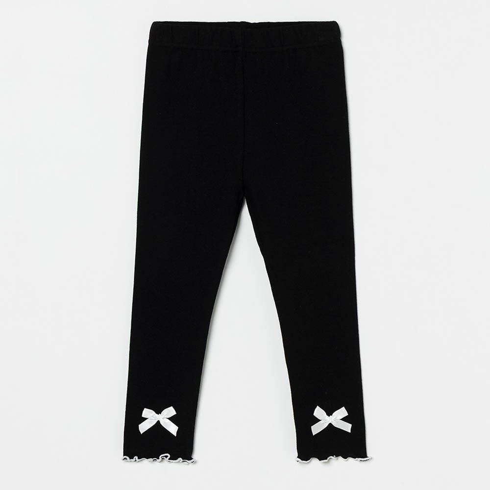 鬆緊腰木耳邊彈力內搭褲-蝴蝶結-黑