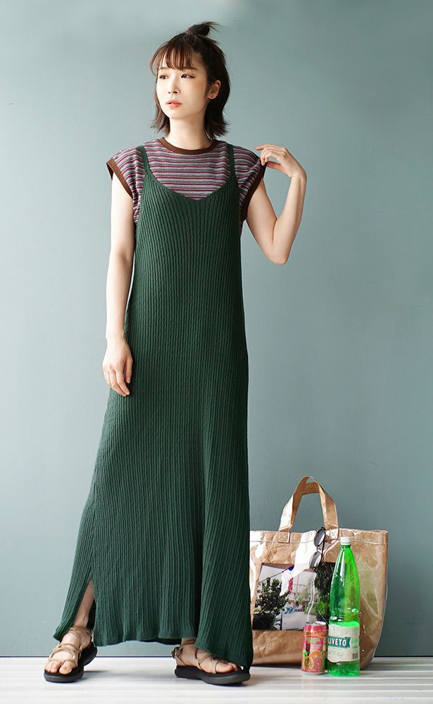 日本 zootie - 圓領修飾簡約編織無袖上衣-條紋-草綠