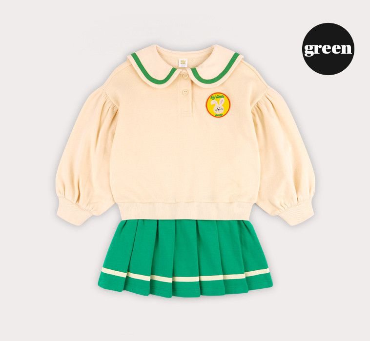 韓國 HEJMINI - (裏起毛)假兩件水手領百褶裙洋裝-米X綠