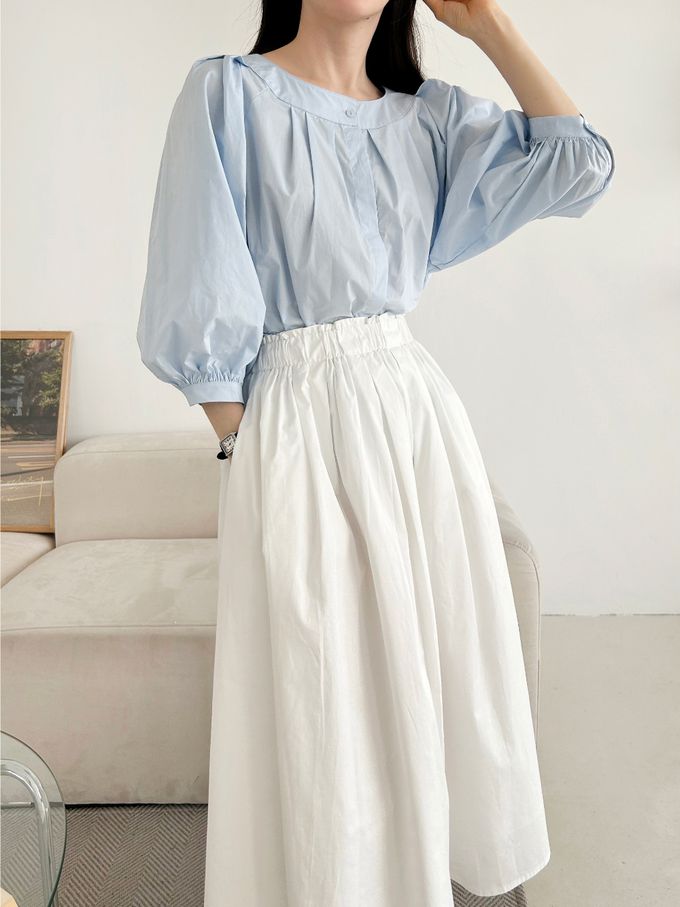 韓國女裝連線 - 氣質抓褶圓領七分袖襯衫-白 (FREE)