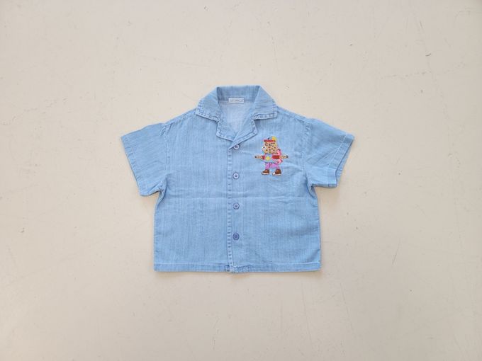 韓國 Mimico - 帥氣小熊印牛仔襯衫-淺藍