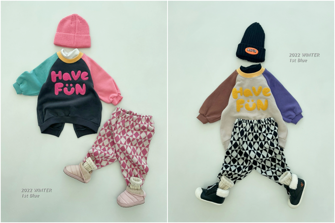 韓國 First Blue - 鬆緊腰菱紋縮口長褲-黑