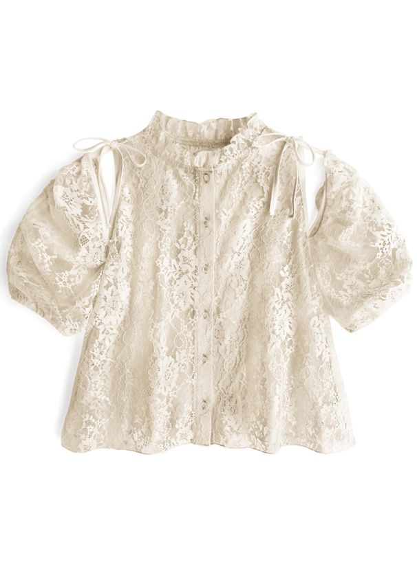 日本 GRL - 花朵蕾絲領綁帶短袖上衣-黑 (F)