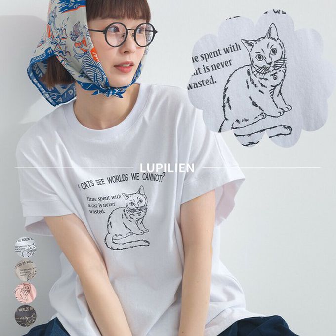 日本 Lupilien - 16OE天竺棉 貓咪印花短袖上衣-白