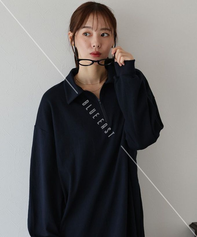 日本 BLUE EAST - 半拉鏈時尚休閒長袖洋裝-淺灰