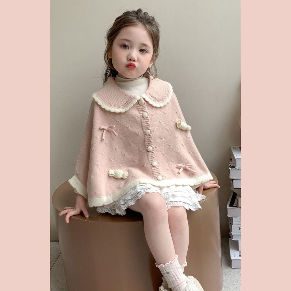 新年拜年娃娃領斗篷式開襟針織毛線外套-蜜桃粉膚色